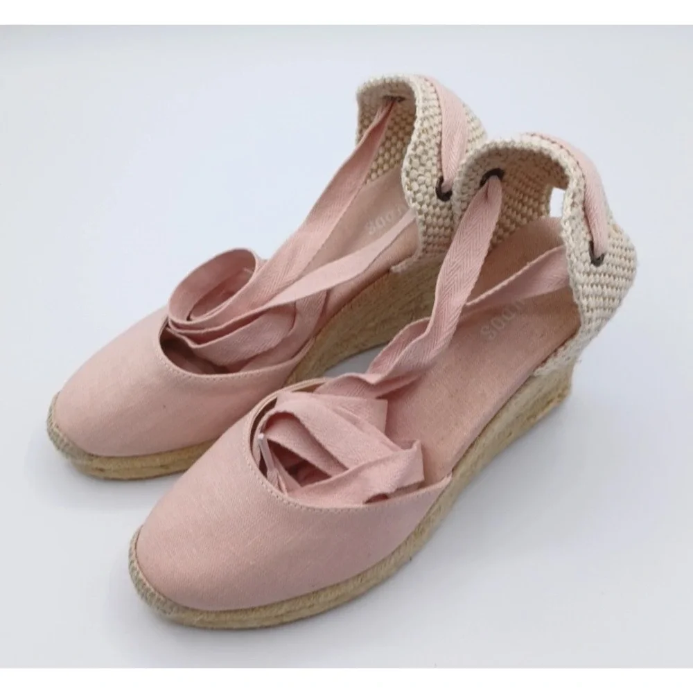 Soludos The Marseille Lace Up Wedge Espadrille PINK Ribbon Women's 5.5 Jute Heel